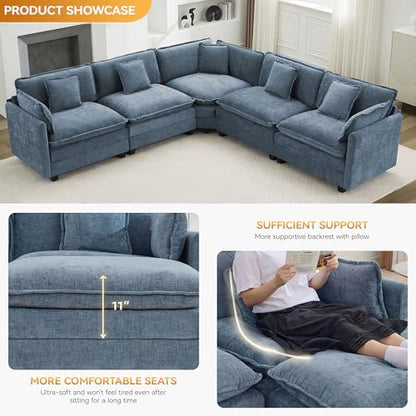 113'' V Shaped Cloud Sectional Sofa, Oversized Deep Seat Couches for Living Room, Chenille Comfy Upholstered Modular Sectional Sofa Couch,Blue - color: Blue, size: 113'' V Shape