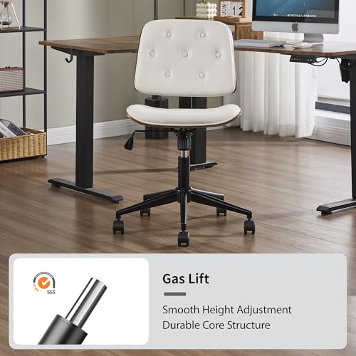 VipDesk Small Home Office Chair - Armless Mid Back Desk Chair with 360° Swivel and Wheels, PU Upholstered Height Adjustable Modern Walnut Computer Chair for Home, Office Meeting Room - White - color: White, size: Button Style
