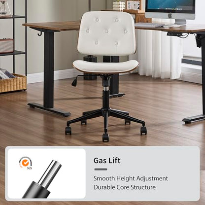 VipDesk Small Home Office Chair - Armless Mid Back Desk Chair with 360° Swivel and Wheels, PU Upholstered Height Adjustable Modern Walnut Computer Chair for Home, Office Meeting Room - White - color: White, size: Button Style