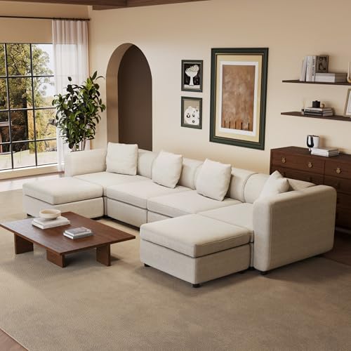 Miuuod 6 Seaters L/U Shape Oversized Sectional Sofa for Living Room,4 Seats with 2 Ottomans Extra Large Couch，Queen Sofa Bed,Deep Seat,Beige - color: Beige, style: 6 Seats（4 Seats with 2 Ottomans）