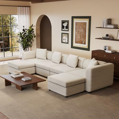 Miuuod 6 Seaters L/U Shape Oversized Sectional Sofa for Living Room,4 Seats with 2 Ottomans Extra Large Couch，Queen Sofa Bed,Deep Seat,Beige - color: Beige, style: 6 Seats（4 Seats with 2 Ottomans）