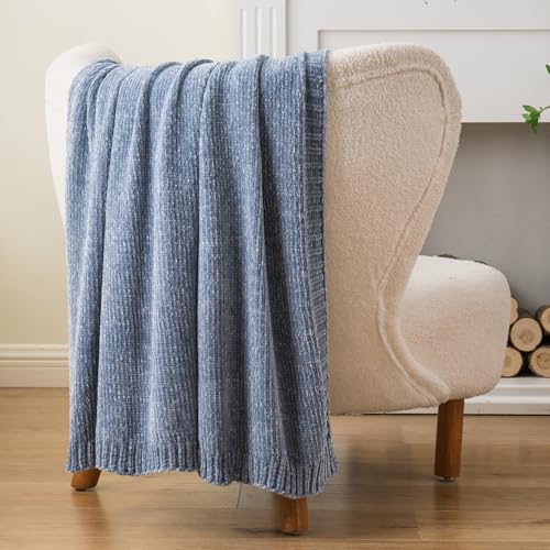 BATTILO HOME Blue Grey Chenille Throw Blanket for Couch, 51"x67" | Shiny Chenille Blanket, Blue Knit throw Blanket, Soft & Breathable, Summer Throw for Couch, Bed & Sofa - color: Bluish Grey