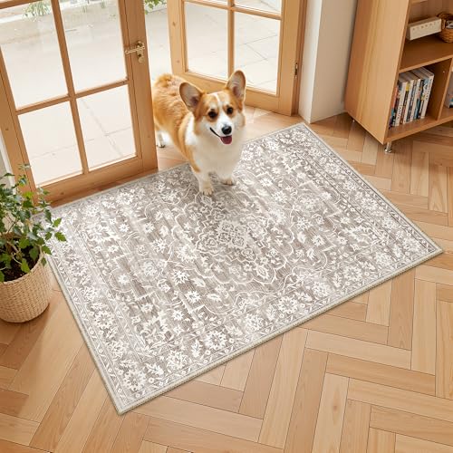 Soalmost 2x3 Area Rugs for Entryway, Washable Neutral Soft Rug Light Brown | Vintage Floral Low Pile Non-Slip Throw Rugs, Accent Rug Floral Indoor Mat for Bedside Living Room Kitchen Bedroom 2'x3' - color: Light Brown, size: 2' x 3' (Rectangular)