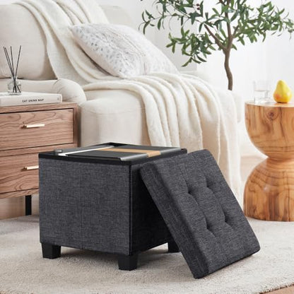 Ornavo Home 15" Square Folding Storage Ottoman Cube with Legs, Dark Gray | Small Linen Storage Ottoman; Fits Compact Spaces; Ideal for Bedroom or Living Room