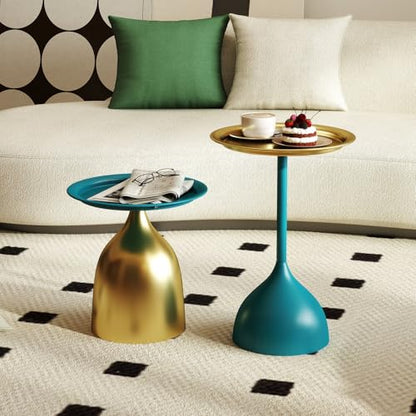 Benkyo Blue and Gold Nesting Tables Pedestal Coffee Table Set of 2 Round Side Tables Metal End Table Small Circle Modern Sofa Table for Living Room - color: Blue and Gold