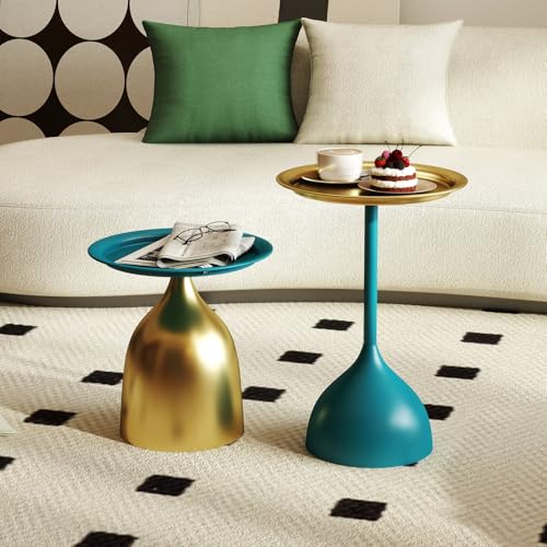 Benkyo Blue and Gold Nesting Tables Pedestal Coffee Table Set of 2 Round Side Tables Metal End Table Small Circle Modern Sofa Table for Living Room - color: Blue and Gold