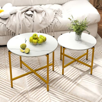 GOFLAME Nesting Coffee Table Set of 2, Round Coffee Tables with Wood Tabletop & Heavy-Duty Metal Frame, Modern Circle End Table & Side Tables, Nesting Tables for Living Room, Bedroom (White) - color: White