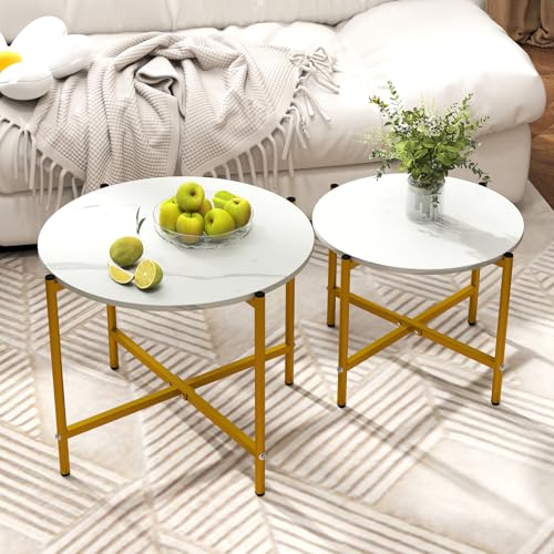 GOFLAME Nesting Coffee Table Set of 2, Round Coffee Tables with Wood Tabletop & Heavy-Duty Metal Frame, Modern Circle End Table & Side Tables, Nesting Tables for Living Room, Bedroom (White) - color: White