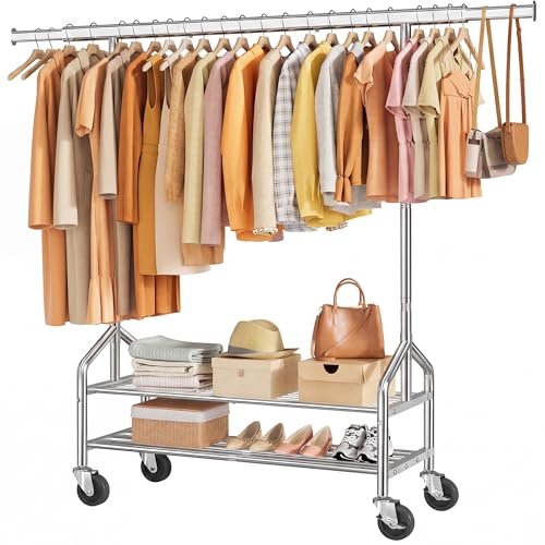 Clothes Rack with 2 Shelves, Heavy Duty Load 350 LBS, Chrome | Rolling Clothing Rack, Adjustable Length and Height, Garment Rack with Wheels for Bedroom, Student Dormitory and Laundry Room - color: Chrome