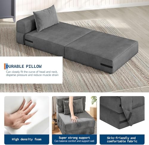 73" Folding Sofa Bed Sleeper Chair, Convertible Futon Couch with Pillow, Single Size Foldable Mattress for Living Room, Dorm, Apartment & Home Office, Modern Linen Fabric,Small