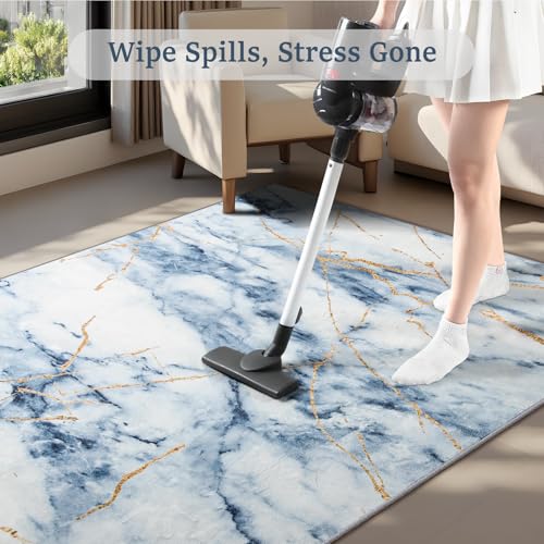 CRYPTOLITE Abstract Area Rug 4x6 Washable Rug with Non-Slip Backing Low Pile Area Rug Area Rugs for Living Room, Bedroom, Dining Room, Blue - color: Marble - Blue, size: 4' x 6' (Rectangular)