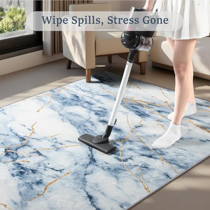 CRYPTOLITE Abstract Area Rug 4x6 Washable Rug with Non-Slip Backing Low Pile Area Rug Area Rugs for Living Room, Bedroom, Dining Room, Blue - color: Marble - Blue, size: 4' x 6' (Rectangular)