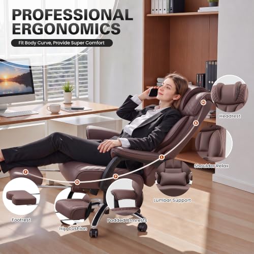 BestGlory Office Desk Chair, Big and Tall Leather Gaming Chair with Footrest, Ergonomic Comfy Executive High-Back Reclining Computer Chairs, Wide Swivel Rolling Wheels and Padded Lumbar Support,Coffee - color: Coffee, style: Freely Reclining