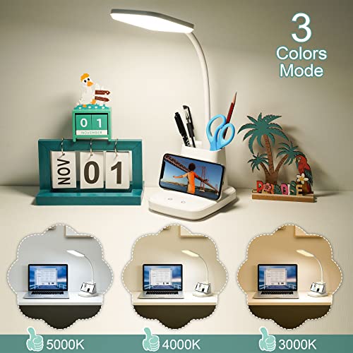 LED Desk Lamp with 10W Wireless Charging & Pen Holder, Snow White | CRI 95, 800LM, Stepless Dimming, 3 Modes, 360°Flexible Arm, Touch, Study Table Lamp for Home Office, Dorm Room, with Adapter - color: Snow White
