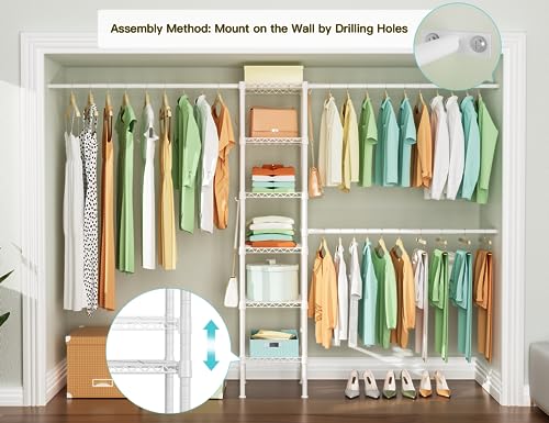 M1 Closet Storage Organizer System, 6 Tiers Heavy Duty Metal Garment Rack with 3 Expandable Hanger Rods, Wall Mounted Space Saver Suits from 5.4-8.7 ft. Width, 71.2”H x 14”D, 700LBS, White - color: White