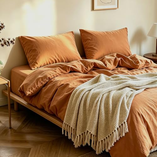 BISELINA French Linen Duvet Cover Set 2pcs with Hidden Zipper Closure Natural Flax Cotton Blend Solid Color Soft Breathable Luxury Farmhouse Bedding - Twin Size, Rust - color: Rust, size: Twin