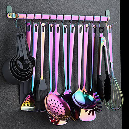 Kyraton Kitchen Utensil Rack, Kitchen Rack With Rainbow Titanium Plating,Rail Rack Organizer for Hanging Knives,Wall Mounted Gourmet Kitchen Rail with 14 Hooks - color: 3.Rainbow