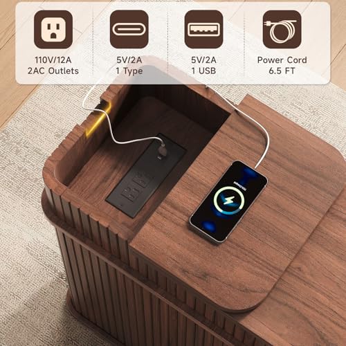 Side End Table with Charging Station, Slim Nightstand with Drawer, Mid-Century Wood Skinny Bedside Table with Storage, Narrow Side Tables for Small Space Living Room Bedroom Office Sofa Couch Walnut - color: Walnut