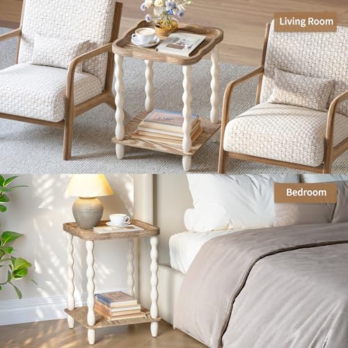 karlott Round Side Table, Square Farmhouse End Table Living Room, Beige | Pine Leg, Weathered Handcrafted Wood Nightstand, Boho Round Nightstand, Easy Assembly for Living Room, Bedroom, Small Space - size: Square Arc 2 Tier Table 18.9 Inches