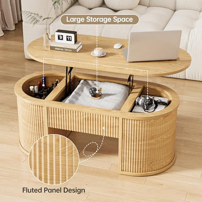 47.2" Oval Fluted Lift Top Coffee Table with Hidden Compartment, Natural | Lifting Tabletop,Timeless Fluted Wood Aesthetic,Spacious Hidden Storage,Supporting up to 150 lbs - color: Natural
