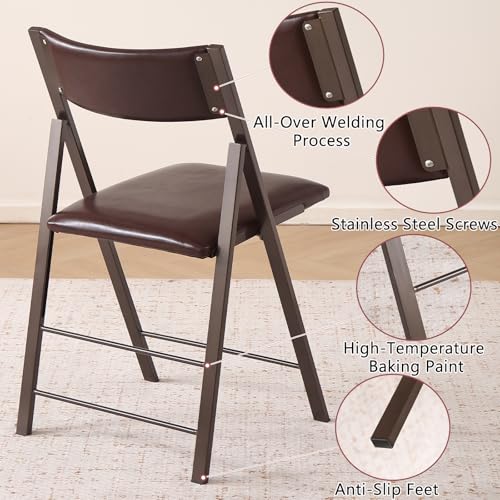 Folding Chairs 2 Pack, 450Lbs Steel Frame Foldable Dining Chairs, Brown | 1.37" Folded, Waterproof Rustproof Indoor Outdoor Padded Folding Chairs for Dining Room, Conference Rooms, Weddings, Events - color: Brown
