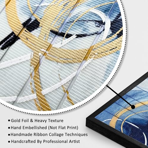 llribbons Framed Abstract Wall Art Minimalist Gold Circle Blue Indigo Fluid Lines Painting Modern Hand Painted 3D Woven Textured Artwork for Living Room Bedroom Bathroom Office Home Decor 20" x 40" - color: Black-Gold, size: 40"L x 20"W