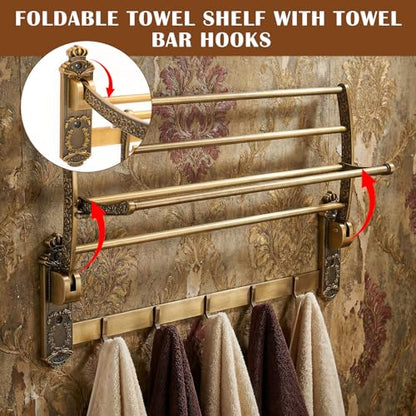 Brass Foldable Towel Rack with Hooks, Foldable Wall Mounted Bathroom Shelf Towel Bars Antique Gold Aluminum Rail Holder for Bathroom, Entryway, and Kitchen(2-Tier European Style,24") - size: 24", style: 2-tier European Style