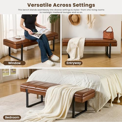 Breakfast Nook Bench with Hidden Storage, Premium Faux Leather Cushion & Metal Base, 53 Inch Extra Seating for Dining Room/Living Room, Entryway - color: Brown