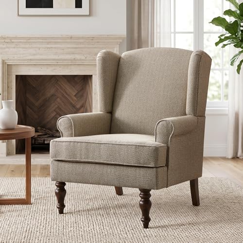 HUIMO Printed Wingback Accent Chair, Linen Upholstered High Back Armchair, Comfy Reading Chair for Living Room Bedroom Study, 300lbs Weight Capacity (1, Brown with Lines) - color: Brown With Lines