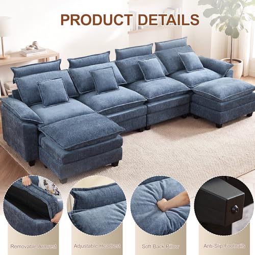 134'' U Shaped Sectional Couch, Cloud Deep Seat Sofa Couch with 2 Ottoman, Detachable Headrest, Oversized Modular 5 Seater Sofas for Living Room, Blue - color: Blue, size: U Shaped Couch