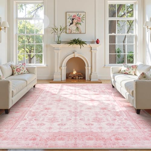 LIVEBOX 8x10 Pink Area Rug for Living Room, Vintage Soft Washable Bedroom Area Rugs, Non-Slip Foldable Floral Rug, Indoor Carpet for Dining Room Nursery Dorm Home Decor - color: Pink, size: 8' x 10' (Rectangular)