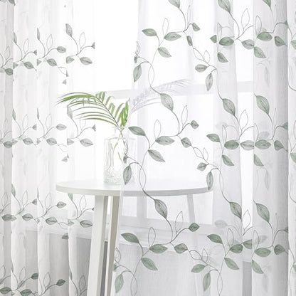 Tollpiz Sage Green Leaf Sheer Tier Curtain Kitchen 30 x 36 Inches | Leaves Embroidered Curtains Rod Pocket Voile Bathroom Window Treatment for Cafe, Set of 2 Panels - color: Sage Green, size: 30"W x 36"L (Pack of 2)
