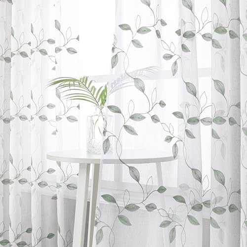 Tollpiz Sage Green Leaf Sheer Curtain Bedroom Short 38 x 45 Inches | Leaves Embroidered Curtains Rod Pocket Voile Window Treatments for Living Room, Set of 2 Panels - color: Sage Green, size: 38"W x 45"L (Pack of 2)