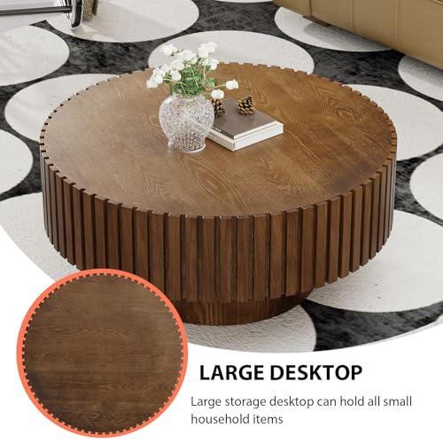 Round Fluted Drum Coffee Table with Pedestal Base | 31.5'' Modern Brown Wooden Drum Center Table, Handcrafted Solid Wood Fluted Edge, For Living Room & Apartment - color: Round Brown