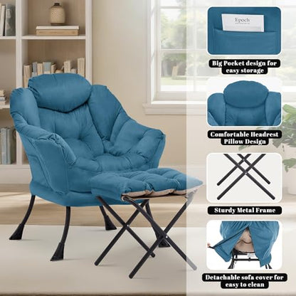 Lazy Chair with Ottoman, Comfy Reading Chair, Blue | Cushioned Seat with Foldable Ottoman and Side Pocket, Lounge Chair for Bedroom, Living Room, Dorm and Small Spaces - color: Blue