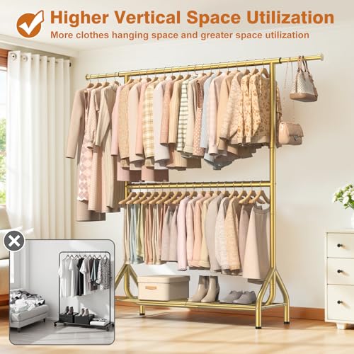 Double Rod Clothing Rack Load 622 LBS, Heavy Duty Clothes Rack for Hanging Clothes, 82.68 inch High Garment Rack with Sotrage Shelves, Metal Clothing Hanger Closet Wardrobe Organizer (Gold) - color: Gold