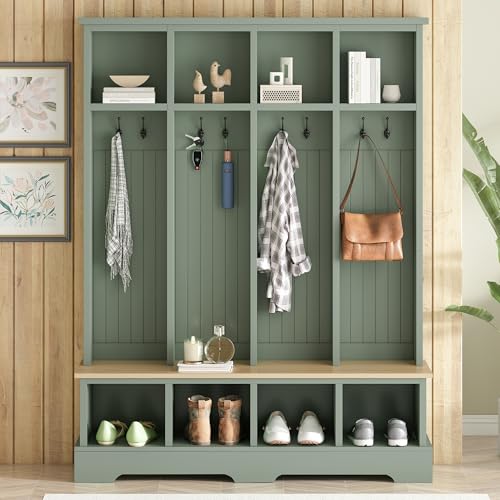 Merax Farmhouse Hall Tree with Bench and Shoe Storage, 59" Entryway Bench with Coat Rack, 3-in-1 Hall Tree with Top Compartments and 8 Hooks for Hallway, Living Room, Green - color: Green