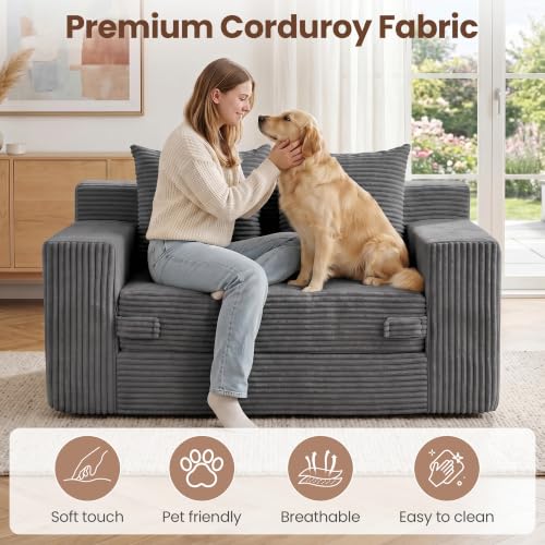 Boneless Mini Couch 53 Inch, 3-in-1 Gray Boneless Couches Covertible Sofa Bed with 4 Pillows, Small Couches for Living Room, Bedroom, Small Space - color: Grey, size: 53 Inch