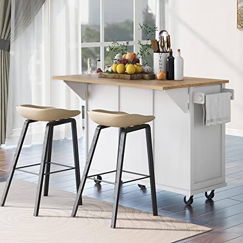 53'' Rolling Kitchen Island with Storage, Large Kitchen Cart On Wheels with Drop Leaf & Power Outlet & Drawers, Mobile Kitchen Table with 3 Drawers, for Dining Room (White) - color: White
