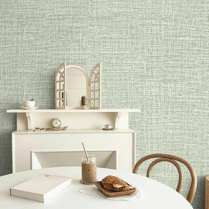Green Grasscloth Peel and Stick Wallpaper 17.3"x120" Faux Linen Textured Contact Paper Removable Self Adhesive Vinyl Wallpaper for Bedroom Bathroom Kitchen Cabinets - color: Green, size: 17.3" x 120"