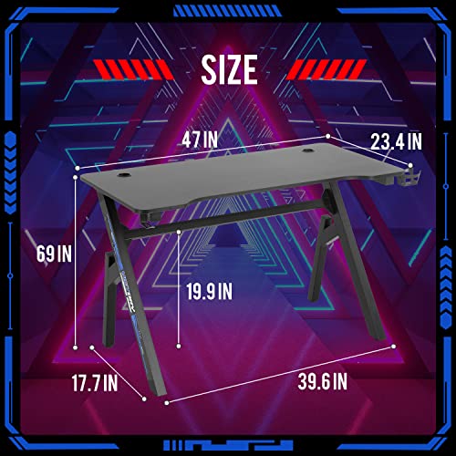 FDW Computer Desk Gaming Desk Student PC Desk Writing Desk Office Desk Modern Ergonomic Racing Style Table Workstation Carbon Fiber Headphone Hook (47in, Blue) - color: Blue, size: 47 In R Shaped