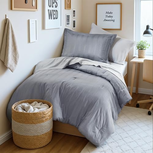 Madison Park Essentials Striped Comforter Set Twin, 5 Pieces Modern Minimalist Jacquard Bedding Set for All Season, Bed in A Bag with Sheet Set and Soft Brushed Reverse, Lightweight Blue/Grey - color: Blue/Grey, size: Twin/Twin XL