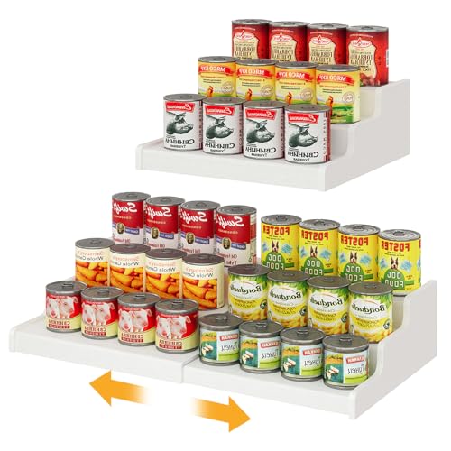 3-Tier Expandable Bamboo Can Organizer for Pantry, Holds 24 Cans, White | Adjustable Can Storage Rack for Kitchen Cabinets, Soda & Canned Goods Holder for Pantry Organization, White (Patent Pending) - color: White, size: 12.4"-24"W × 10.8"D × 4.5"H