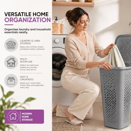 Superio 45L Slim Laundry Hamper with Lid, Perforated Plastic Clothes Basket, Modern Space-Saving Design, Sturdy Laundry Bin with Ergonomic Handles, Grey - color: Grey, size: 1 Pack, style: Laundry Hamper - 45L