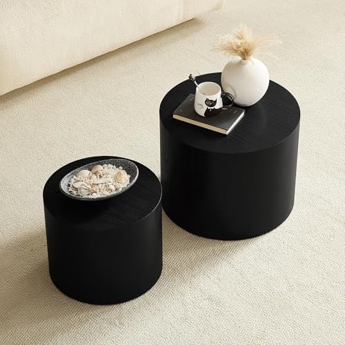 Nesting Coffee Table Set of 2, Modern Round Coffee Table Drum Side Table, Wooden Circle Accent Tables End Tables for Small Spaces Living Room Bedroom Office (Black) - color: 18.9" & 14.96" Dark Black