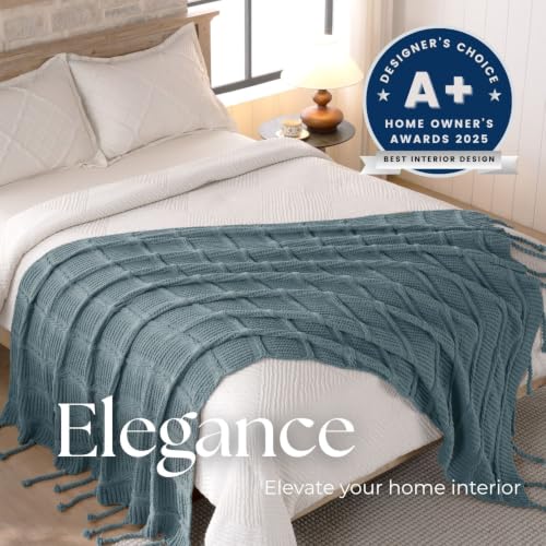 Boho Knitted Chenille Blanket with Tassels - Lightweight & Soft All-Season Throw - 3D Classic Pattern for Living Room Bedroom Couch, Celestial Blue, Throw 50"x60" - color: Celestial Blue, size: Throw