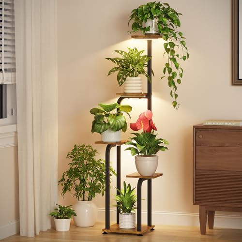 LASZOLA Plant Stand Shelf Tall for Indoor Corner with Lights, 5 Tier Brown | Modern Multiple Flower Display Rack with Wooden Tray, Metal Vertical Planter Holder for Living Room Bedroom Patio Garden - color: Classic Brown with Lights, size: 5 Tier