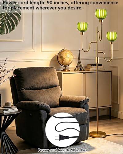 Lightdot Dimmable Green Glass Floor Lamp Mid Century Modern Gold Floor Lamps with Warm White Bulbs Included 3-Arm Standing Tall Lamp with 5Lbs Heavy Base for Living Room/Bedroom/Home Office - color: 3 Green Tulip-Gold