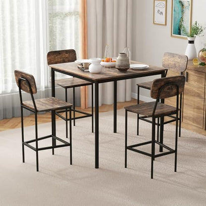 Giantex 5-Piece Dining Table Set W/Counter Height Table & 4 Bar Stools, Industrial Kitchen Dining Set W/Footrest & Backrest, Space-Saving Dinette Set for Pub, Dining Room, Restaurant (Mix Brown) - color: Mix Brown