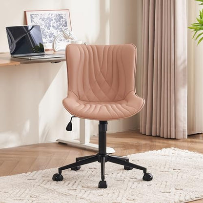 YOUTASTE Pink Modern Office Chair, Faux Leather Armless Desk Chair with Wheels, Height Adjustable, Swivel, Rocking, 300 lbs Capacity, Metal Base, for Home Office Vanity - color: Nude Pink